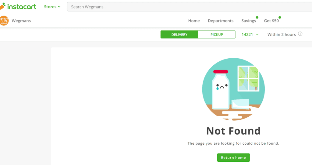 Instacart takes me to a dead-end, no recommended next steps for getting groceries delivered.