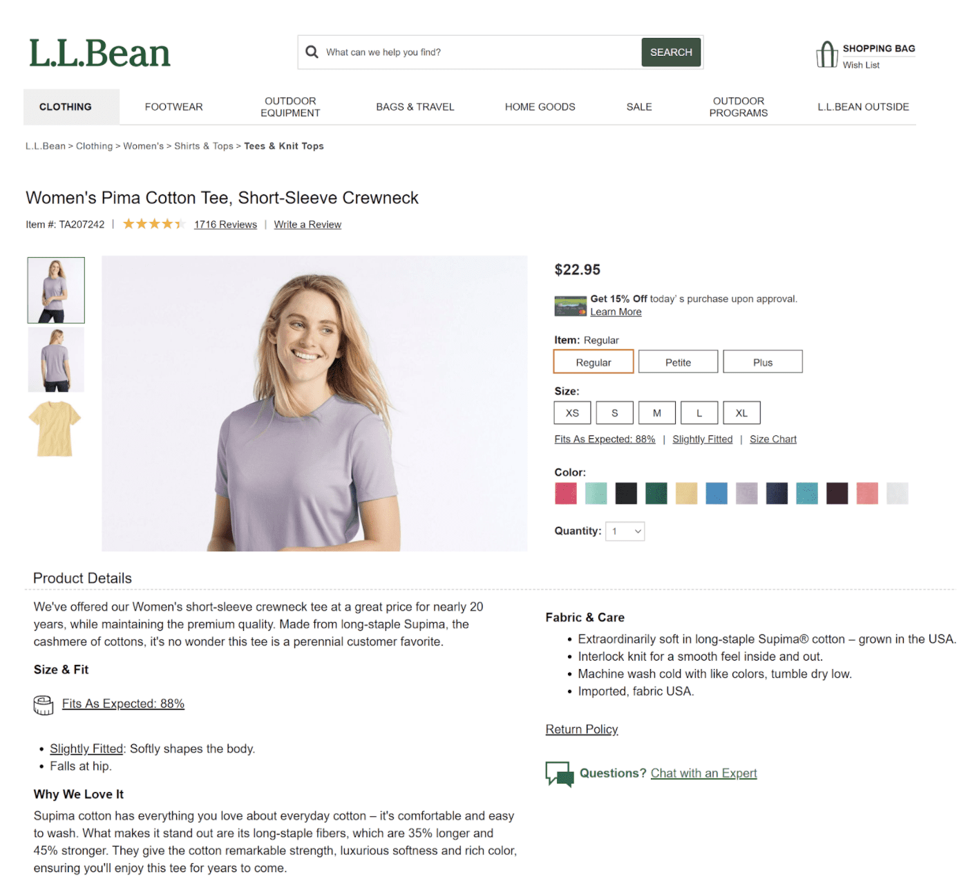 Example of a thorough product description page from L.L. Bean.