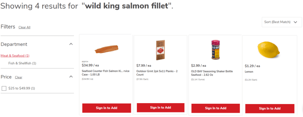 product search showing 4 results for wild king salmon fillet